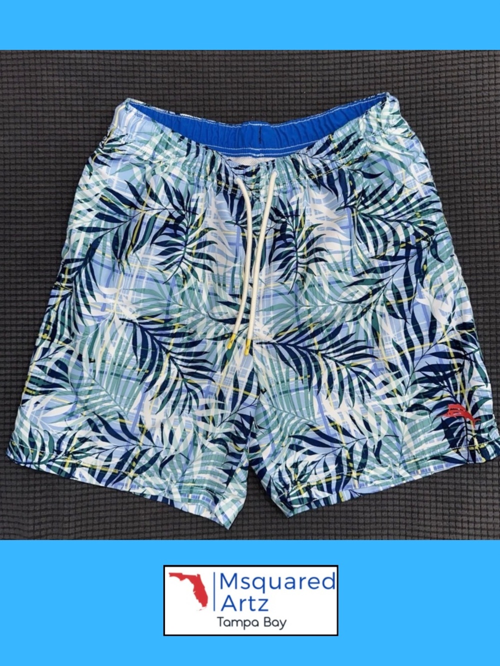 Tommy Bahama Tropical Palm Leaf Swim Trunks Blue Green Mesh Lined Small
